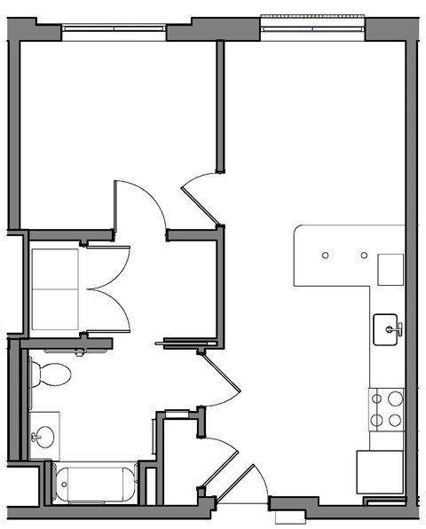A black and white floor plan of a house with a kitchen, living room, and bathroom.